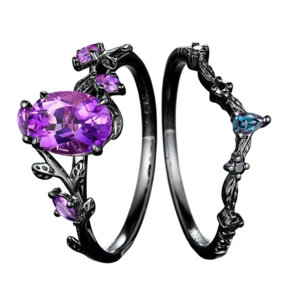 Oval Shape Amethyst Black Engagement Wedding Ring Set In Rhodium black plating